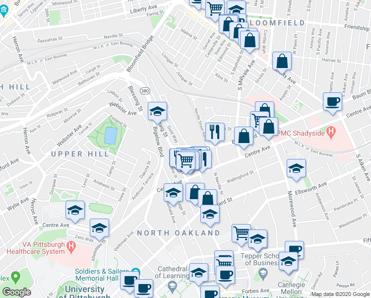map of restaurants, bars, coffee shops, grocery stores, and more near 346 Melwood Avenue in Pittsburgh