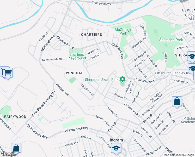 map of restaurants, bars, coffee shops, grocery stores, and more near 1403 Evanston Street in Pittsburgh