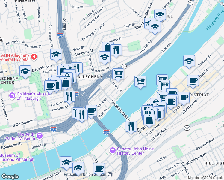 map of restaurants, bars, coffee shops, grocery stores, and more near 32 Saw Mill Way in Pittsburgh