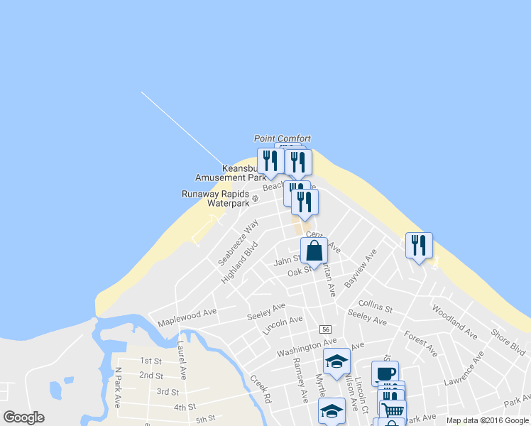 map of restaurants, bars, coffee shops, grocery stores, and more near 60 Seabreeze Way in Keansburg