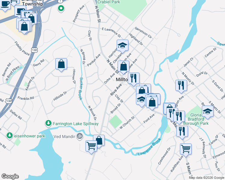 map of restaurants, bars, coffee shops, grocery stores, and more near 67 Riva Avenue in Milltown