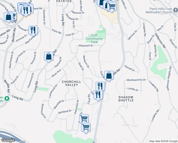 map of restaurants, bars, coffee shops, grocery stores, and more near 185 Quail Drive in Pittsburgh