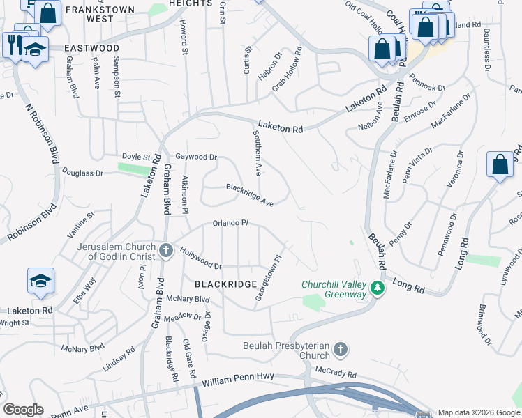 map of restaurants, bars, coffee shops, grocery stores, and more near 2605 Orlando Place in Pittsburgh
