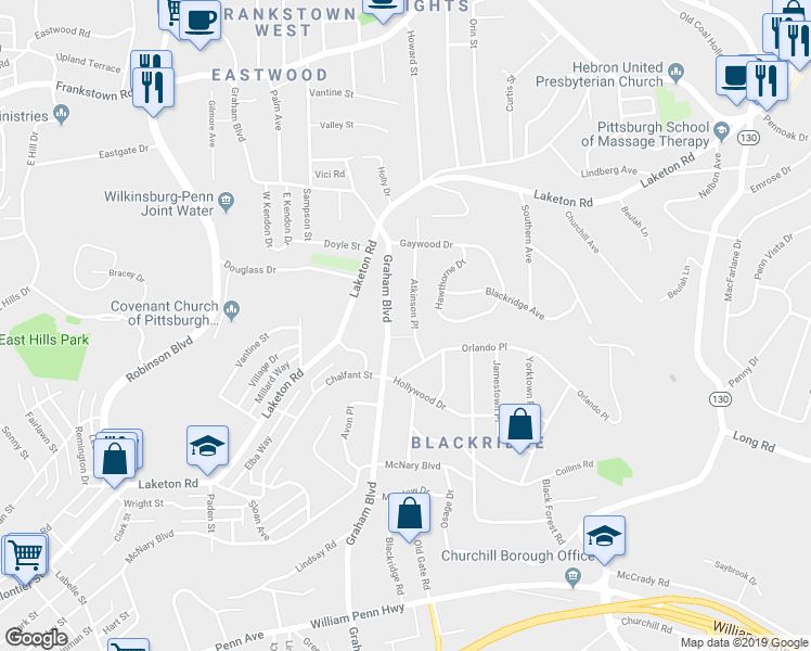 map of restaurants, bars, coffee shops, grocery stores, and more near 1736 Graham Boulevard in Pittsburgh
