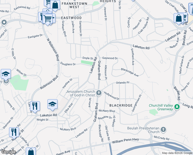 map of restaurants, bars, coffee shops, grocery stores, and more near 1736 Graham Boulevard in Pittsburgh