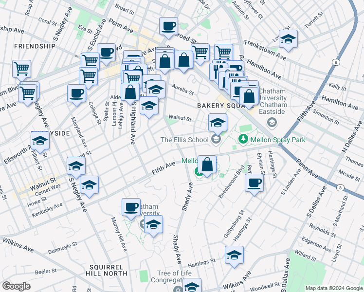 map of restaurants, bars, coffee shops, grocery stores, and more near 600 Shady Avenue in Pittsburgh