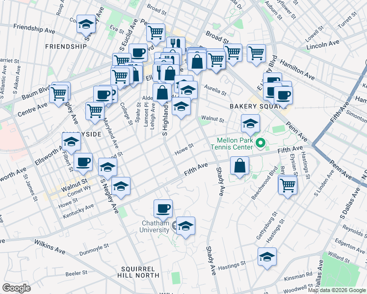 map of restaurants, bars, coffee shops, grocery stores, and more near 6116 Howe Street in Pittsburgh