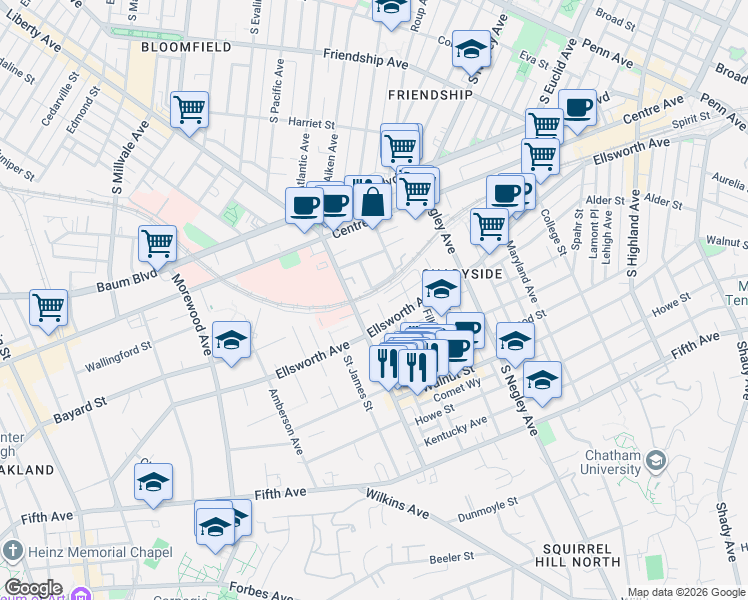 map of restaurants, bars, coffee shops, grocery stores, and more near 5498 Aiken Place in Pittsburgh