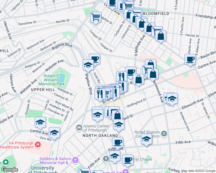 map of restaurants, bars, coffee shops, grocery stores, and more near 346 Melwood Avenue in Pittsburgh