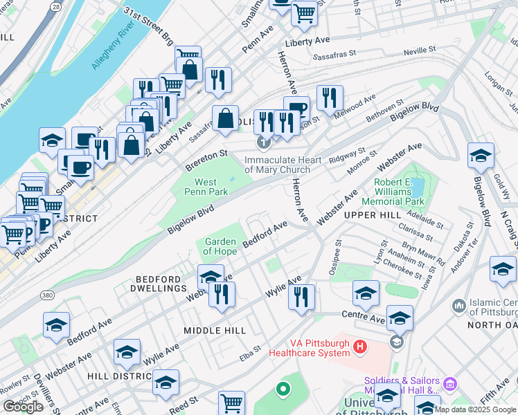 map of restaurants, bars, coffee shops, grocery stores, and more near 2908 White Street in Pittsburgh