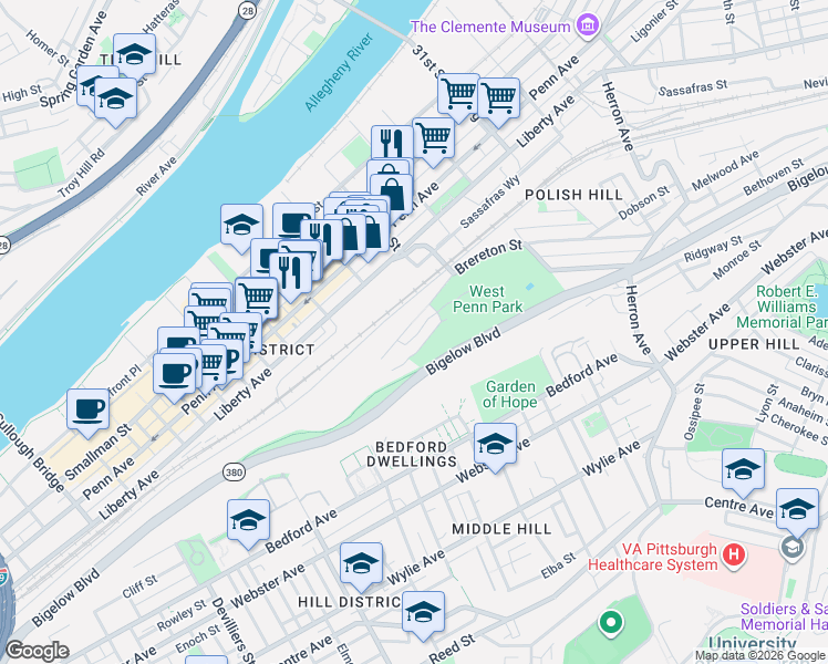 map of restaurants, bars, coffee shops, grocery stores, and more near 2616 Brereton Street in Pittsburgh