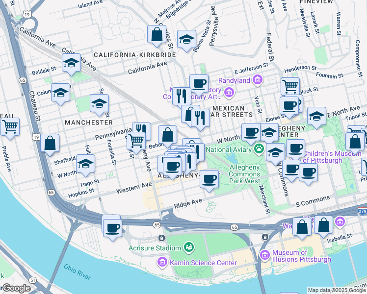 map of restaurants, bars, coffee shops, grocery stores, and more near 837 West North Avenue in Pittsburgh