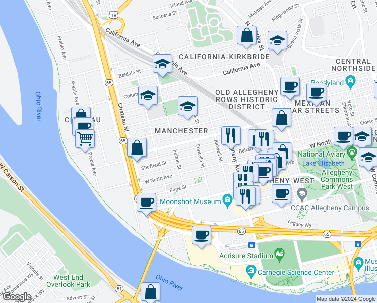 map of restaurants, bars, coffee shops, grocery stores, and more near 1219 Sheffield Street in Pittsburgh
