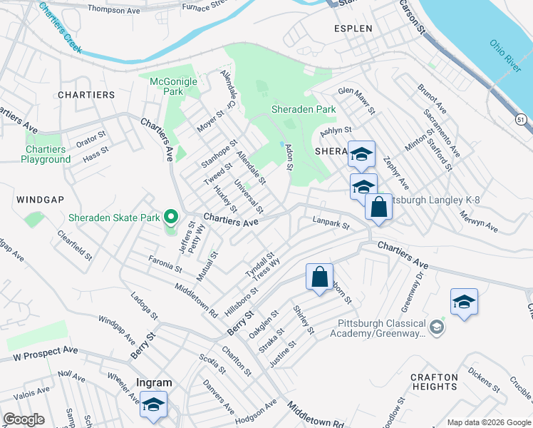 map of restaurants, bars, coffee shops, grocery stores, and more near 1105 Adon Street in Pittsburgh