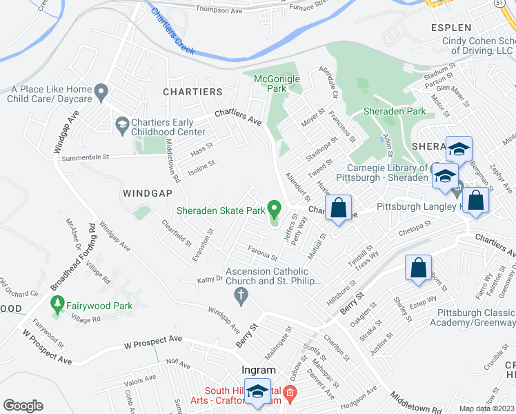 map of restaurants, bars, coffee shops, grocery stores, and more near 3238 Thayer Street in Pittsburgh