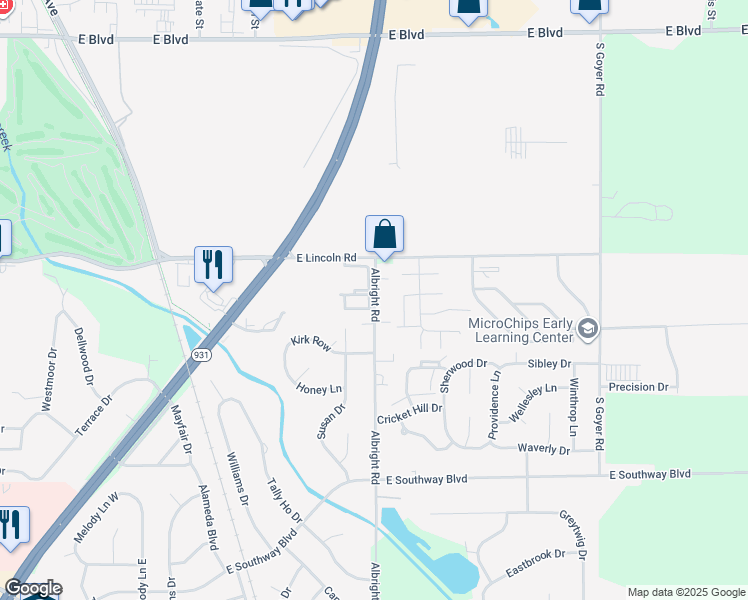 map of restaurants, bars, coffee shops, grocery stores, and more near 2701 Albright Road in Kokomo
