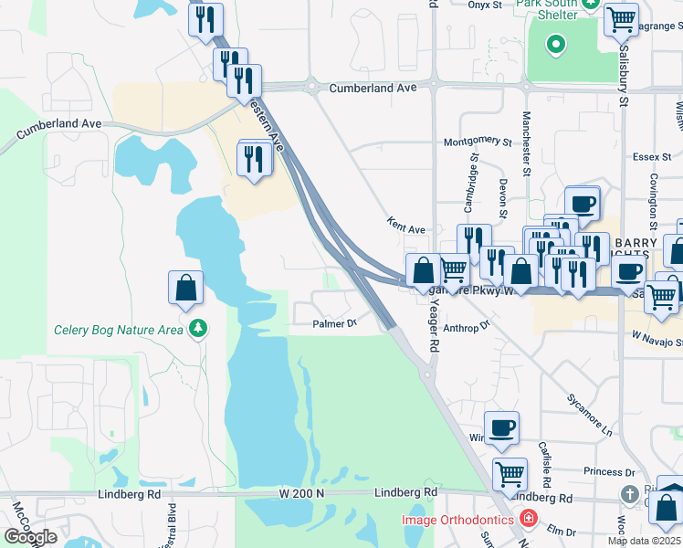 map of restaurants, bars, coffee shops, grocery stores, and more near 1399 Palmer Drive in West Lafayette