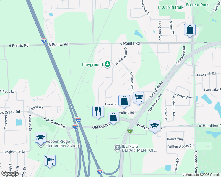 map of restaurants, bars, coffee shops, grocery stores, and more near 3 Shagbark Court in Bloomington