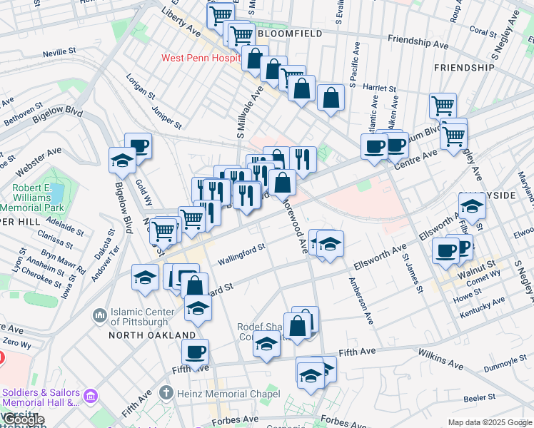 map of restaurants, bars, coffee shops, grocery stores, and more near 4917 Centre Avenue in Pittsburgh