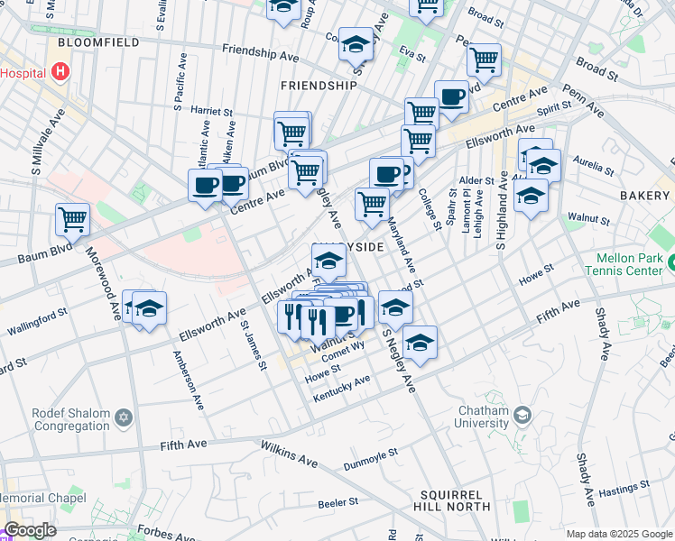 map of restaurants, bars, coffee shops, grocery stores, and more near 601 Filbert Street in Pittsburgh