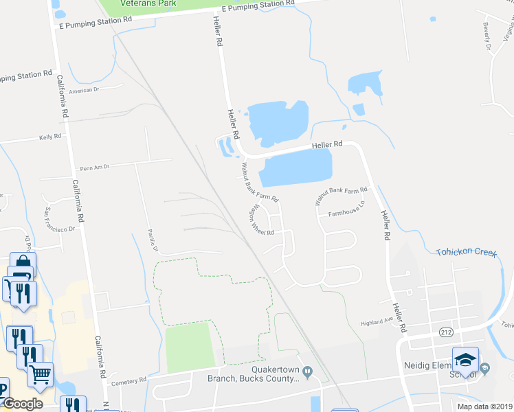 map of restaurants, bars, coffee shops, grocery stores, and more near Wagon Wheel Road in Quakertown