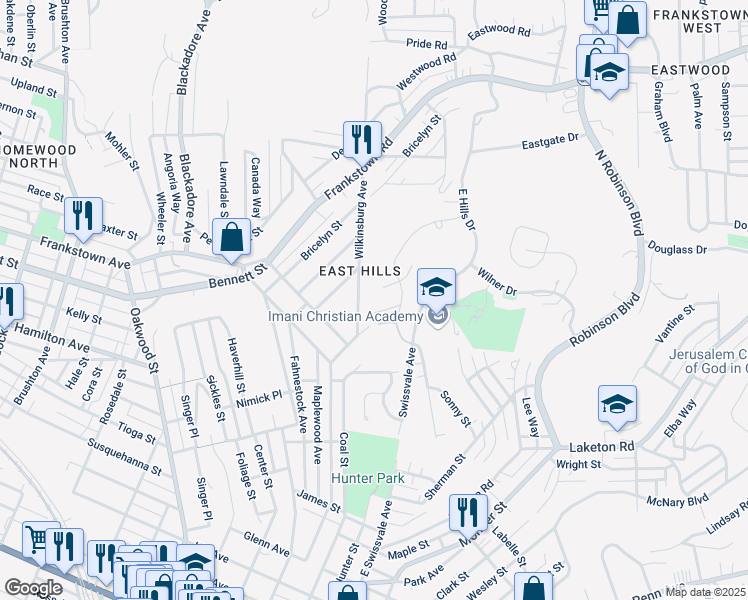 map of restaurants, bars, coffee shops, grocery stores, and more near 2119 Park Hill Drive in Pittsburgh