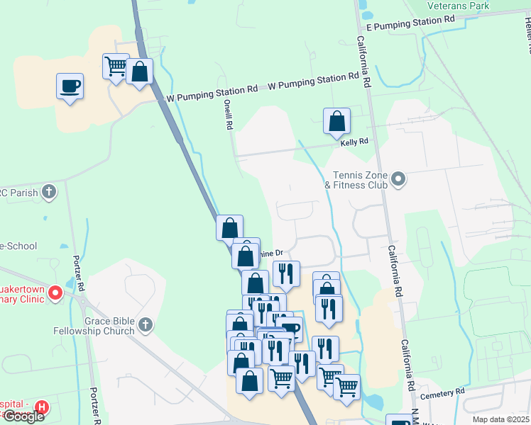 map of restaurants, bars, coffee shops, grocery stores, and more near 330 Cedar Drive in Quakertown