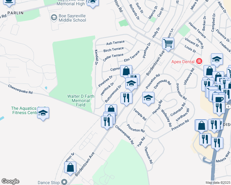 map of restaurants, bars, coffee shops, grocery stores, and more near 30 Buttonwood Drive in Sayreville