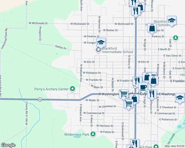 map of restaurants, bars, coffee shops, grocery stores, and more near 822 W Franklin St in Hartford City