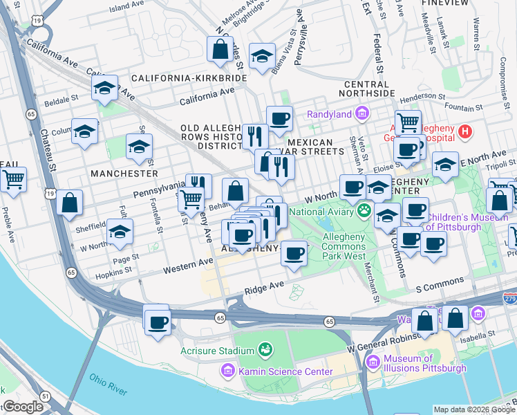 map of restaurants, bars, coffee shops, grocery stores, and more near 837 West North Avenue in Pittsburgh
