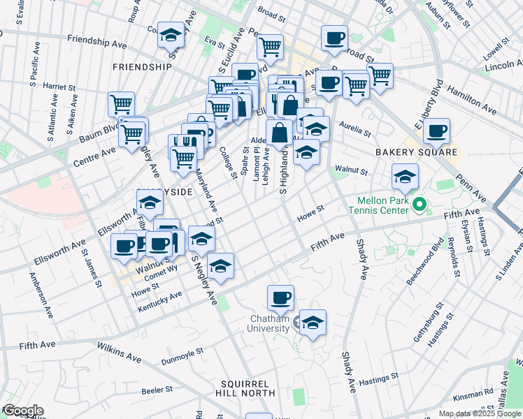 map of restaurants, bars, coffee shops, grocery stores, and more near 5920 Walnut Street in Pittsburgh