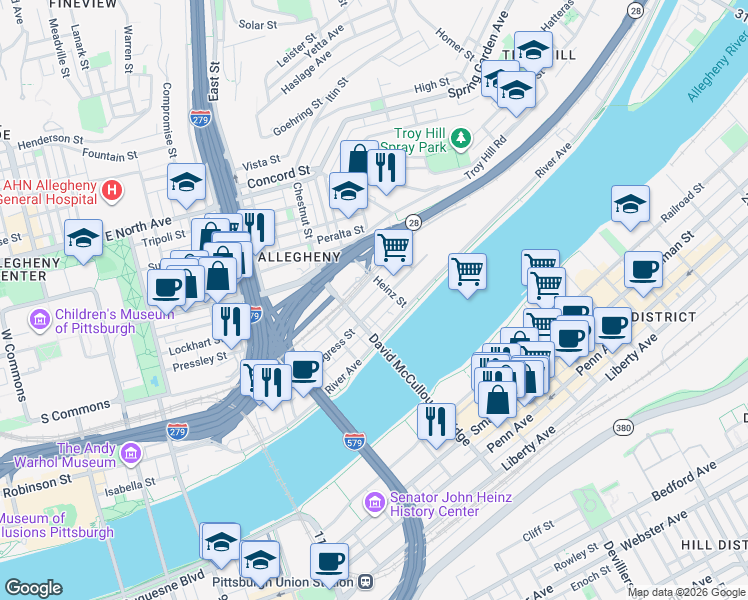 map of restaurants, bars, coffee shops, grocery stores, and more near 950 Progress Street in Pittsburgh