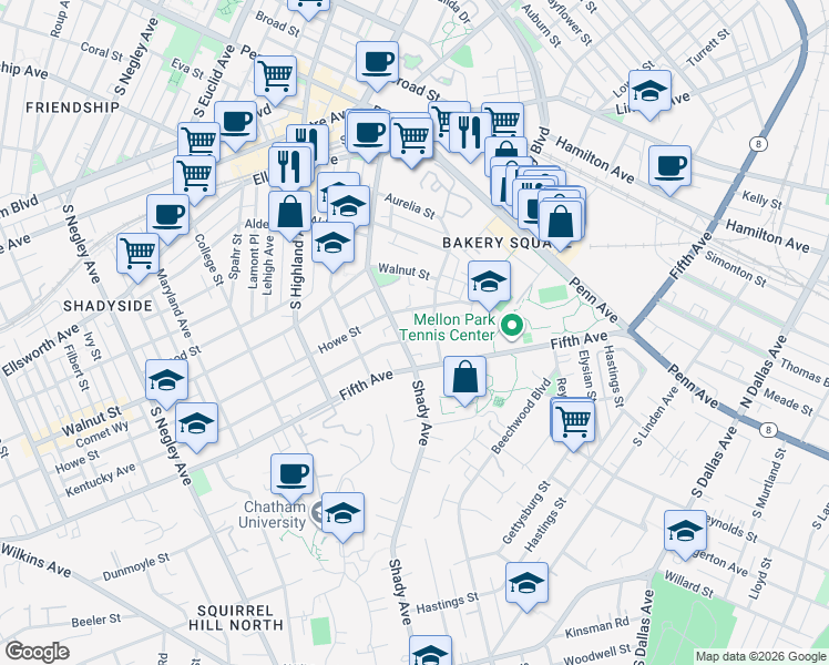 map of restaurants, bars, coffee shops, grocery stores, and more near 6313 Kentucky Avenue in Pittsburgh