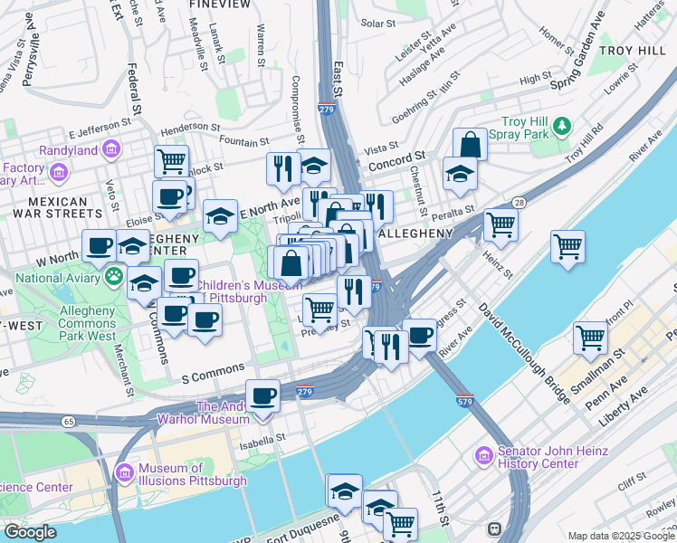 map of restaurants, bars, coffee shops, grocery stores, and more near 600 East Ohio Street in Pittsburgh