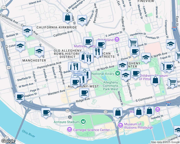 map of restaurants, bars, coffee shops, grocery stores, and more near Brighton Rd & W North Ave in Pittsburgh