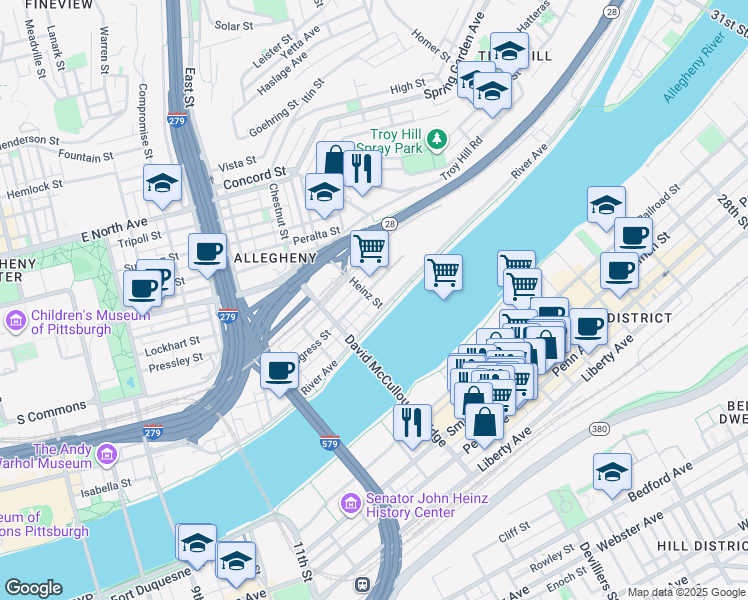 map of restaurants, bars, coffee shops, grocery stores, and more near 300 Heinz Street in Pittsburgh