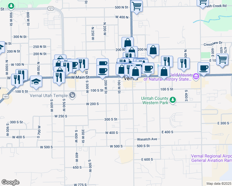 map of restaurants, bars, coffee shops, grocery stores, and more near 117 West 100 South in Vernal