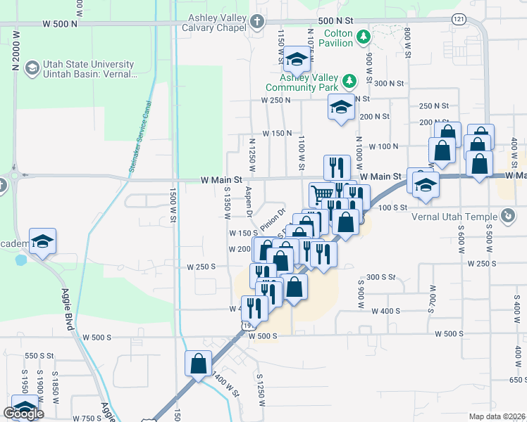 map of restaurants, bars, coffee shops, grocery stores, and more near 89 Cedar Drive in Vernal