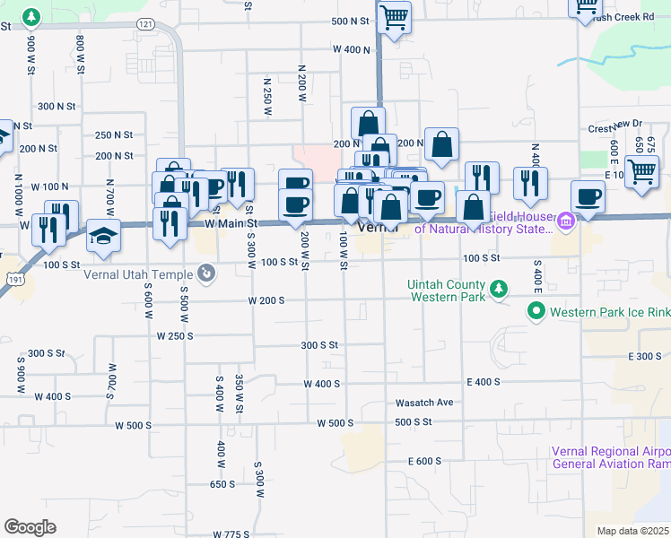 map of restaurants, bars, coffee shops, grocery stores, and more near 117 West 100 South in Vernal