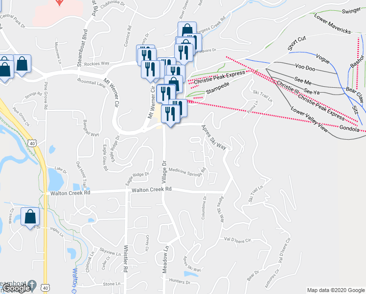 map of restaurants, bars, coffee shops, grocery stores, and more near 2560 Windward Way in Steamboat Springs