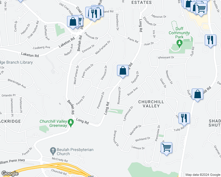 map of restaurants, bars, coffee shops, grocery stores, and more near 918 Pentland Drive in Pittsburgh