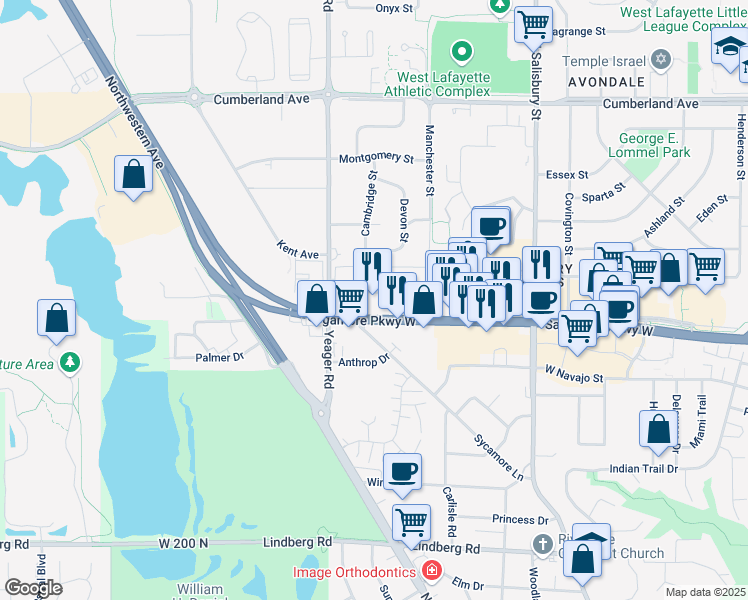 map of restaurants, bars, coffee shops, grocery stores, and more near 1110 Sagamore Parkway West in West Lafayette