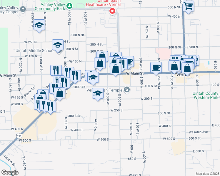 map of restaurants, bars, coffee shops, grocery stores, and more near 149 South 600 West in Vernal