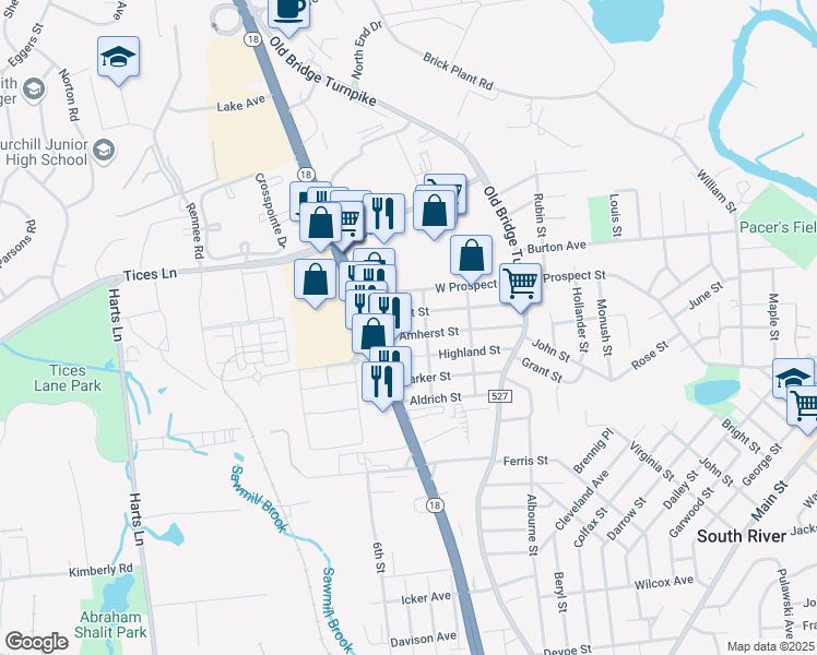 map of restaurants, bars, coffee shops, grocery stores, and more near 336 New Jersey 18 in East Brunswick