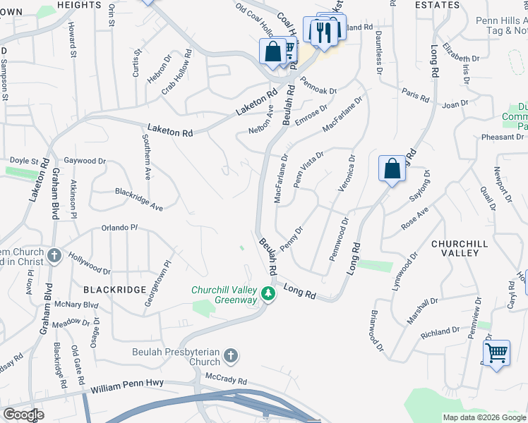 map of restaurants, bars, coffee shops, grocery stores, and more near 714 Beulah Road in Pittsburgh
