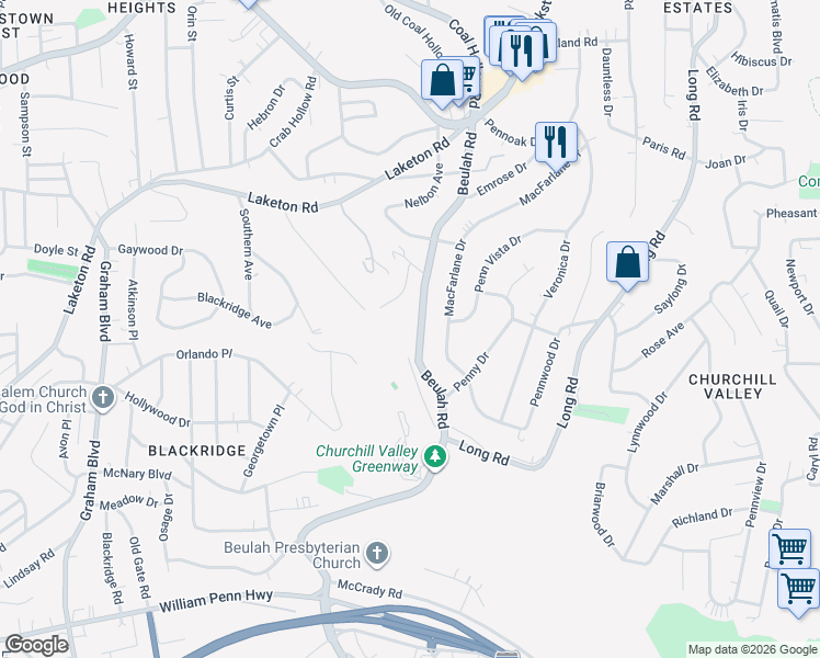 map of restaurants, bars, coffee shops, grocery stores, and more near 714 Beulah Road in Pittsburgh