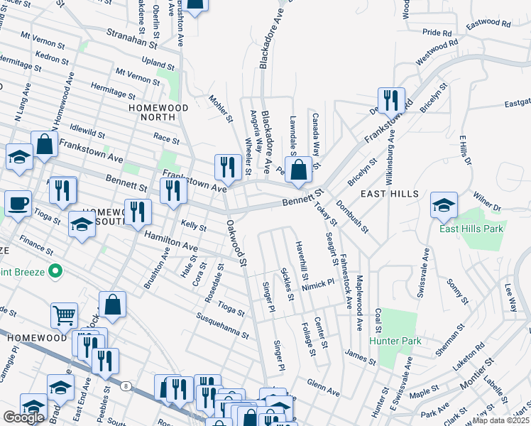 map of restaurants, bars, coffee shops, grocery stores, and more near 711 Singer Place in Pittsburgh