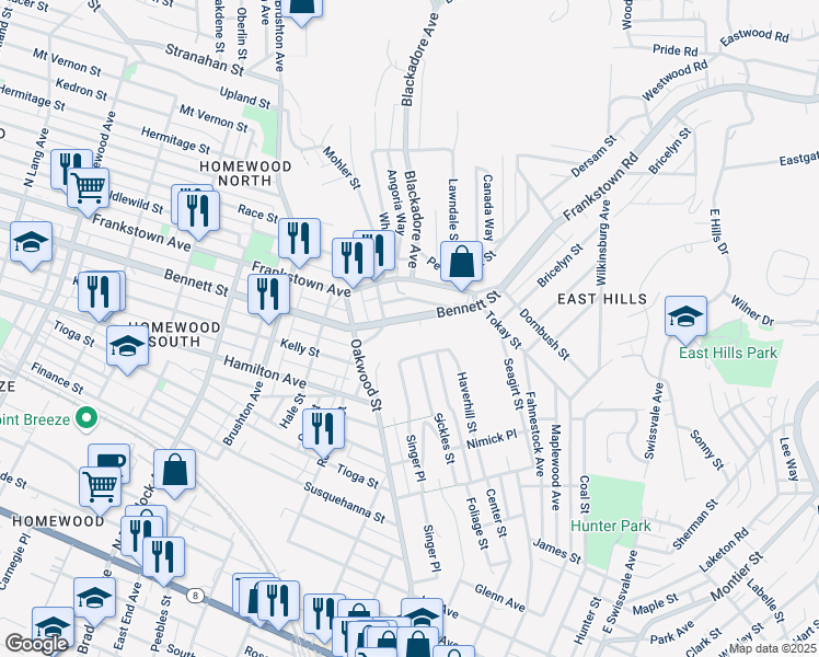 map of restaurants, bars, coffee shops, grocery stores, and more near 711 Singer Place in Pittsburgh