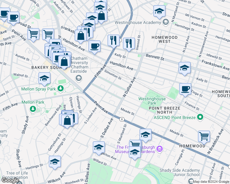 map of restaurants, bars, coffee shops, grocery stores, and more near 6822 Thomas Boulevard in Pittsburgh