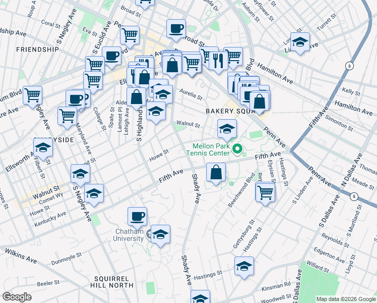 map of restaurants, bars, coffee shops, grocery stores, and more near 600 Shady Avenue in Pittsburgh
